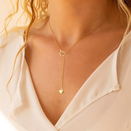 Luxval Lariat Gold Necklace for Women, Dainty Long Necklace 14k Gold Plated/Silver Y-Shaped Pendant Necklaces Trendy Beaded Chain Drop Necklaces Jewelry for Women Gifts - color: Gold-Double Heart
