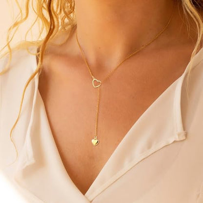 Luxval Lariat Gold Necklace for Women, Dainty Long Necklace 14k Gold Plated/Silver Y-Shaped Pendant Necklaces Trendy Beaded Chain Drop Necklaces Jewelry for Women Gifts - color: Gold-Double Heart