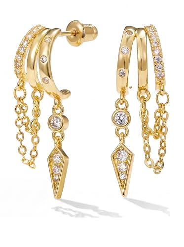 Gold Earrings for Women Trendy 14K Gold Plated Dangle Earrings Small Hoop Huggie Drop Stud Earrings Cubic Zirconia Simple Minimalist Dainty Chain Tassel Hypoallergenic Earrings - color: Chain & Gold