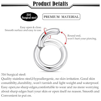 20G-2G Hinged Clicker Septum Nose Rings Hoops 316L Surgical Steel Segment Septum Lip Nipple Ring Cartilage Tragus Helix Sleeper Earrings Piercing Jewelry for Women Men 6mm-19mm - style: 6G(4.0mm)-Dia:14mm