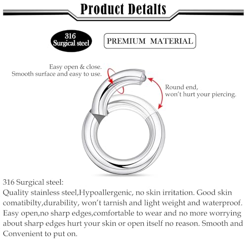 20G-2G Hinged Clicker Septum Nose Rings Hoops 316L Surgical Steel Segment Septum Lip Nipple Ring Cartilage Tragus Helix Sleeper Earrings Piercing Jewelry for Women Men 6mm-19mm - style: 10G(2.5mm)-Dia:12mm