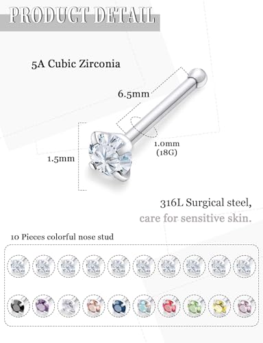 18G 20G 22G Round Cubic Zirconia Nose Rings Studs for Women Men 316L Stainless Surgical Steel Nose Ring Stud Piercing Jewelry Silver Clear CZ 1.5mm 2mm 3mm - style: 18G Straight Silver CZ 1.5mm
