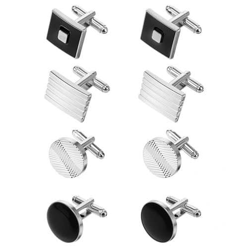 COMNICO 4 Pairs Cufflinks for Men Classic Tone Cuff Links Fashion Men Cufflinks Gold/Sliver Striped Disc Square Rectangle Cuff Links for Business Wedding Party Gift Box - color: sliver