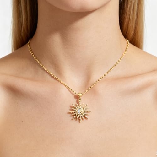 Gold Sun Moon Necklace for Women Crystal Sunburst Star Pendant Necklace Non Tarnish Trendy Elegant Jewelry Accessories