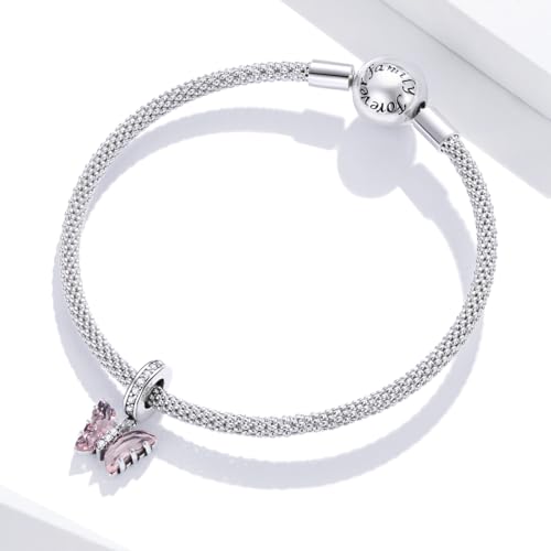 BISAER 925 Sterling Silver Charms for Bracelets Cat Dog Sloth Animal Beads Butterfly Fairy Heart Dangle Pendant Charms - color: Butterfly CZ