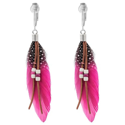 Aloha Earrings-Clip On Real Feather Earrings-Dangle Clip On Earrings Tassel Long Clip Earrings Bohemian - color: Fuchsia Feathers