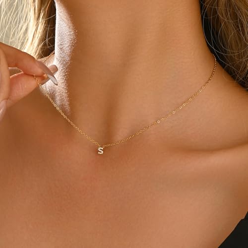 Small Letter Necklace for Women 18K Gold Plated Cubic Zirconia Tiny Initial Necklace Dainty Personalized Name Necklaces - color: S-Gold