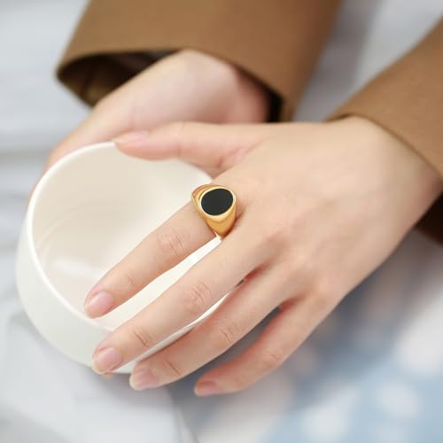 MYNENEY Stainless Steel Round Statement Pinky Signet Rings for Men Women - color: Gold+Black