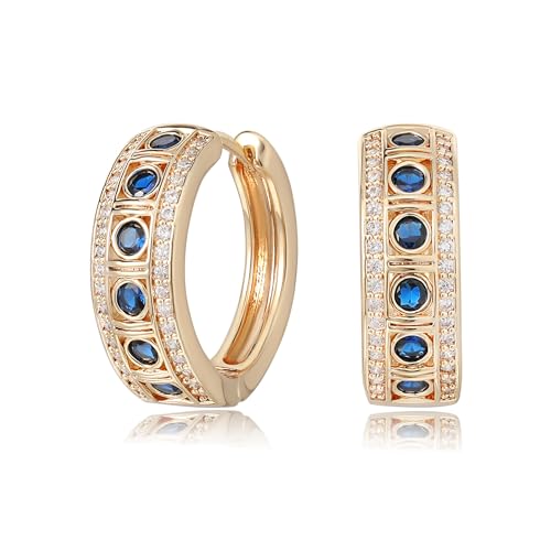 Gold Hoop Earrings for Women, 14K Gold Plated Cubic Zirconia Chunky Huggie Earrings, Vintage Jewelry for Gifts - color: Row of Sapphires-Gold