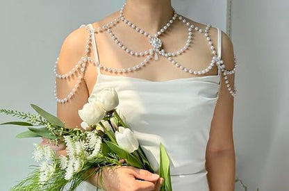 Pearl Shoulder Jewelry Bridal Wedding Shoulder Necklace Chain Festival Rave Party Outfit Accessories for Women Statement Body Chain