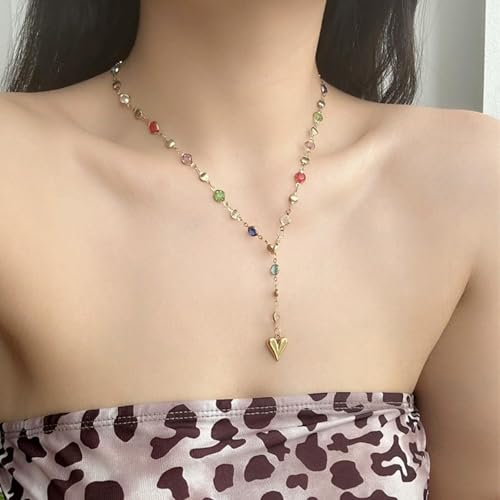 Long Heart Pendant Necklace Colorful Rhinestone Y Necklace Heart Lariat Jewelry Multicolor Party Outfit Accessory - color: A1:lariat necklace