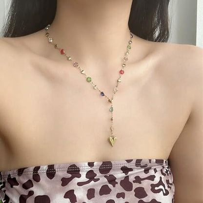 Long Heart Pendant Necklace Colorful Rhinestone Y Necklace Heart Lariat Jewelry Multicolor Party Outfit Accessory - color: A1:lariat necklace