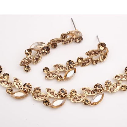 QLLYHLH Woman’s Brides Bridesmaid Leaf Choker Necklace Dangle Earrings Link Bracelet Austrian Crystal Wedding Jewelry Set Prom Costume Party Events | Brides, Bridesmaid, Prom, Events, Costume Party, Leaf - color: Champagne-Gold Plated