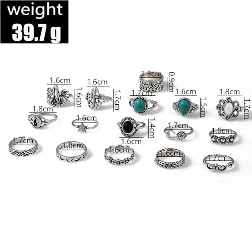 Airvess Vintage Knuckle Rings Set, Chunky Turquoise Stackable Rings, Silver Joint Finger Stacking Rings, Bohemian Western Jewelry for Women - style: 16 Pcs