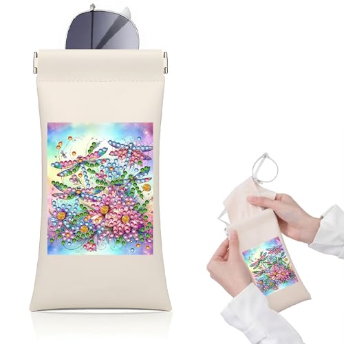 Diamond Art Painting Eye Glass Bag PU Sunglasses Glasses Storage Bag Built-in Glasses Cloth Press Automatic Closure - color: Dragonfly