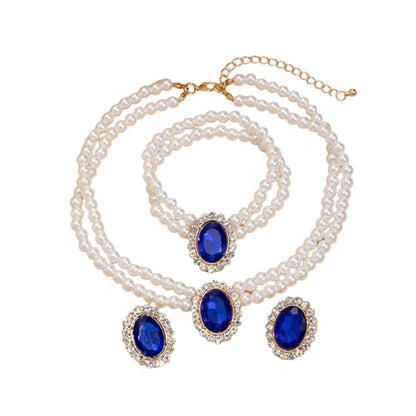 3Pcs Dainty Elegant Imitation Pearl Beaded Choker Necklace Bracelets Earrings Set Handmade Adjustable Faux Pearl Necklace for Women Bridal Wedding Party Prom Birthday Valentine Jewelry Gifts - color: F blue