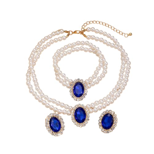 3Pcs Dainty Elegant Imitation Pearl Beaded Choker Necklace Bracelets Earrings Set Handmade Adjustable Faux Pearl Necklace for Women Bridal Wedding Party Prom Birthday Valentine Jewelry Gifts - color: F blue