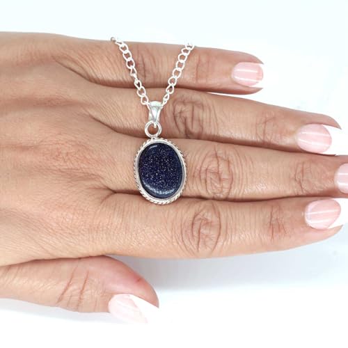 Chunky Natural Gemstone Pendant Necklace For Women Onyx, Turquoise, Amber, Garnet Oval Boho Genuine 925 Sterling Silver Handmade Jewelry - color: Blue Sunstone