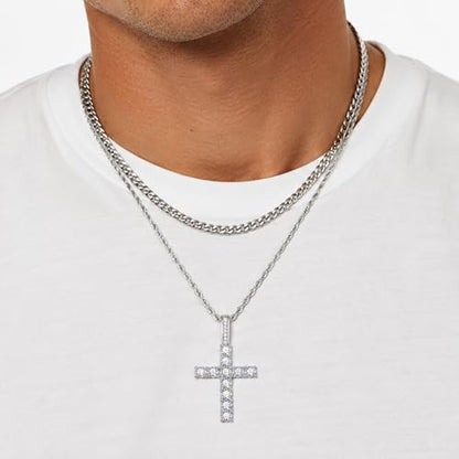 Fiusem Layered Cross Necklace for Men, Stainless Steel Cuban and Rope Chain | Silver Tone/14K Gold Plated Mens Necklace Chain with Cubic Zirconia Cross Pendant - color: Silver, size: 20/22 inches