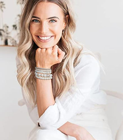 Noessla Beaded Pearl Stretch Bracelet Silver Stackable Crystal Beads Bracelets Trendy Costume Jewelry Mothers Day Gifts for Women - color: White