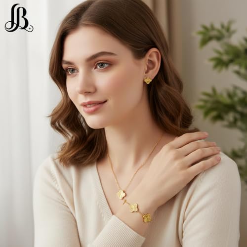 Clover Necklace Pendant Earring Bracelet Set | Designer Necklace Earring Bracelet Jewelry Set | Lovely Gift - color: Gold