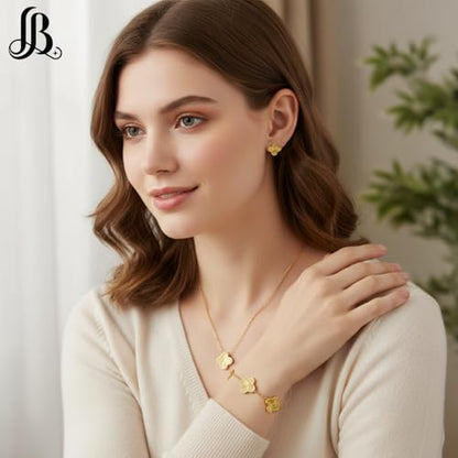 Clover Necklace Pendant Earring Bracelet Set | Designer Necklace Earring Bracelet Jewelry Set | Lovely Gift - color: Gold