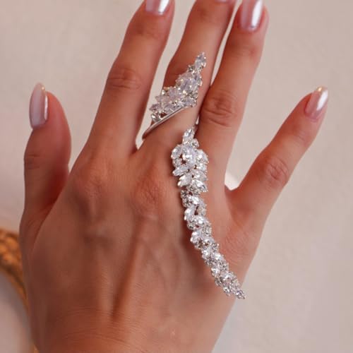 Rhinestone Finger Ring for Women Sparkly Crystal Butterfly Flower Leaf Adjustable Statement Chain Rings Punk Jewelry - color: silver leaf