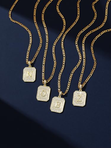 Initial Letter Pendant Necklace for Men Women, 14K/18K Gold A-Z | Square Monogram Pendant Jewelry Waterproof and colorfast with Figaro Chain, Gifts for Women Men - style: 14K Gold Y
