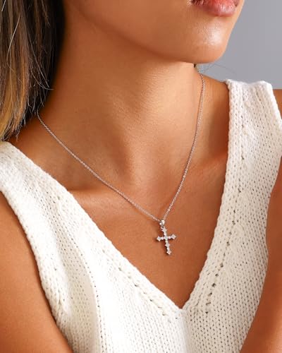 Cross Necklace for Women, 14K Gold Plated Cubic Zirconia Cross Pendant Necklace, Trendy Christian Jewelry Gifts for Baptism First Communion Christmas - color: Style C - Silver