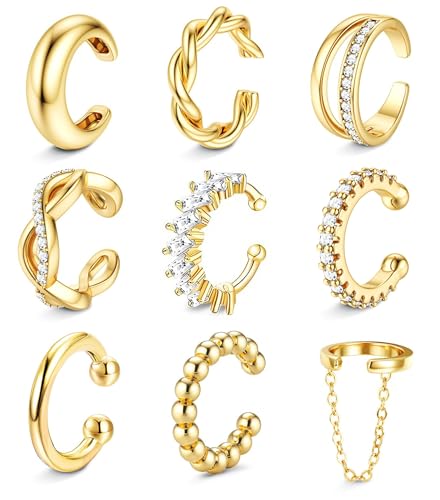 9PCS Ear Cuff Earrings for Women Non Piercing 14K Gold Plated - Hypoallergenic Adjustable Ear Cuffs Trendy Non Tarnish Clip on Cartilage Fake Earring Stacks Wrap Jewelry - color: Gold-14K
