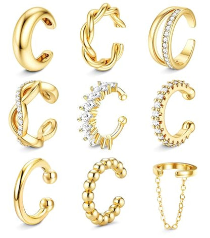 9PCS Ear Cuff Earrings for Women Non Piercing 14K Gold Plated - Hypoallergenic Adjustable Ear Cuffs Trendy Non Tarnish Clip on Cartilage Fake Earring Stacks Wrap Jewelry - color: Gold-14K