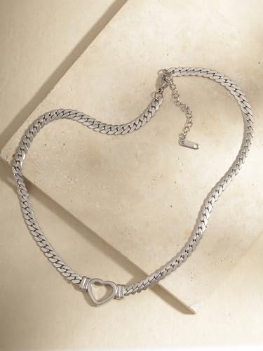 Sacina Heart Choker, Stainless Steel Necklace, Choker Necklaces for Women, Chunky Heart Necklace, Valentine Gift, Christmas Jewelry Gift - color: silver