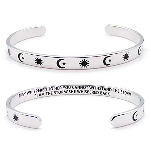 Dczosily Inspirational Bracelets for Women Stainless Steel Cuff Bracelet Engraved Jewelry Motivational Bangles Personalized Gifts for Best Friend/Mom - style: 01Friend-Sun Moon & Stars-THEY WHISPERED TO HER YOU CANNOT WITHSTAND THE STORM