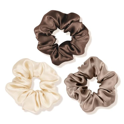 OLESILK 100% Mulberry Silk-Scrunchies for Hair Sleep, Women Grils Silk Hair Ties for Frizz & Breakage Curly Hair, No Damage, Elastics Ponytail Holder, 3 Pack - color: Dark Night Brown