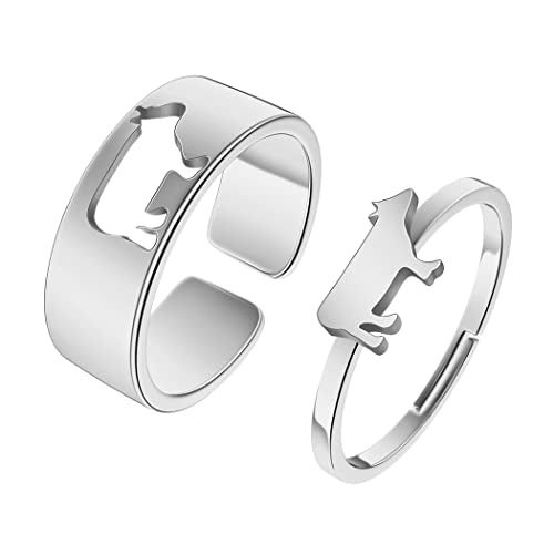 2PCS Matching Cute Animals Promise Engagement Rings for Couples Men Women Jewelry Band Sets 316L Stainless Steel Adjustable Open Ring - color: Cow-s