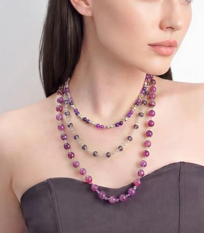 Noessla Layered Beaded Necklaces for Women - 3 Strand Boho Statement Choker Fashion Jewelry Gifts - color: Purple