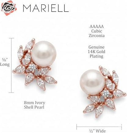 Mariell Pearl & Marquise CZ Crystal Wedding Earrings for Bride, Bridesmaids & Mother of the Bride - color: Rose Gold