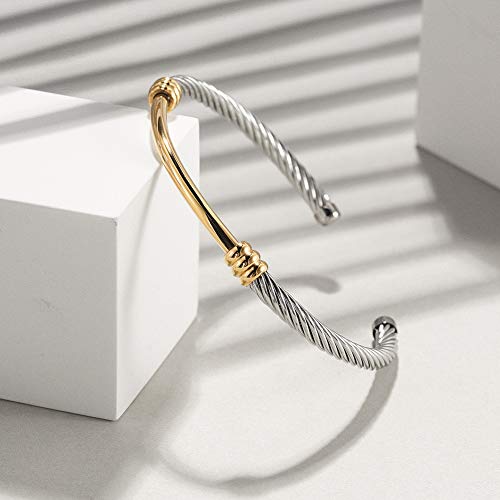 CIUNOFOR Cable Cuff Bracelets for Women, 2.4" Inner Dia. Fits 6.0”–7.0” wrists, Twisted Cable Cuff Bangle Bracelet, Stainless Steel Gold Plated Jewelry