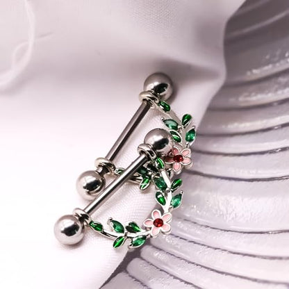 2pcs 14G Nipple Rings Flower Nipple Bars Surgial Steel 316L Nipple Piercing Jewelry Heart Nipple Barbell for Women - color: green