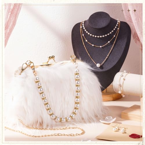 Liliaafar 4 Pcs Evening Clutch Purse with Pearl Jewelry Sets,Clutch Bag Pearl Earrings Necklace Bracelet for Wedding Party - color: White, style: Fluffy Feather