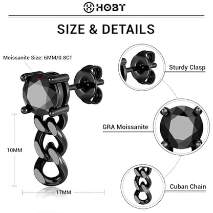 Black Moissanite Stud Earrings for Men Women with Dangling Cuban Links Hypoallergenic Punk Hoop Earrings Mens Jewelry Gifts - color: B- 1.6 carats-(0.8ct*2)-6mm-Round Moissanite Studs
