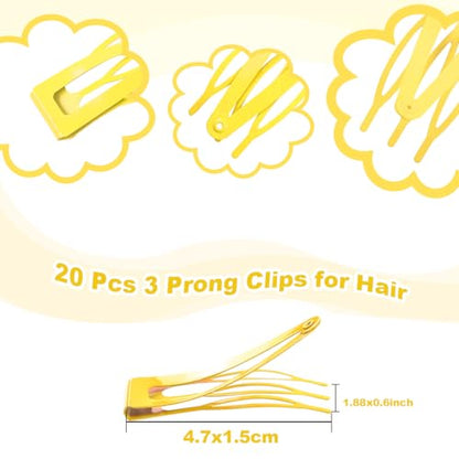 20 Pcs Snap Hair Clips for Women Snap Hair Barrettes Double Grip Hair Clips 3 Prong Clips for Hair Barrettes for Women Girls (Yellow) - color: Yellow