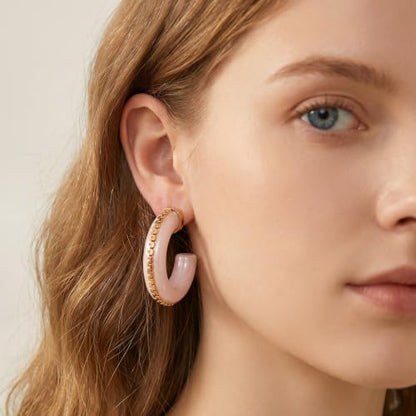 Gold Plated Resin Chunky Hoop Earrings Hypoallergenic Push Back Hoops for Sensitive Ears - color: Pale Pink