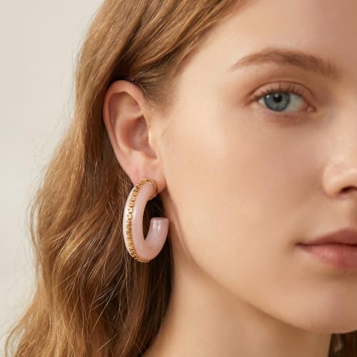 Gold Plated Resin Chunky Hoop Earrings Hypoallergenic Push Back Hoops for Sensitive Ears - color: Pale Pink