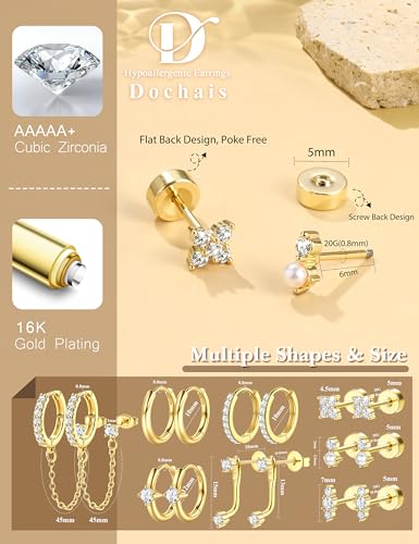 Gold Earrings for Women Flat Back Earrings Hypoallergenic Earring Stacks | 14K Gold Plated Surgical Stainless Steel Earring Set Chain Cartilage Earrings - Helix Piercing Jewelry for Women Trendy Gold - color: Gold 2