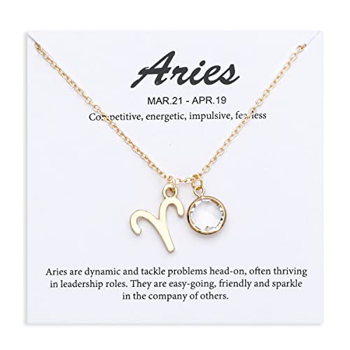 14k Gold Plated Zodiac Birthstone Crystal Pendant Necklace, Horoscope Sign Charm Necklace for Women Birthday Gift - color: Aries-Apr.