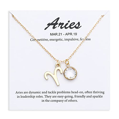 14k Gold Plated Zodiac Birthstone Crystal Pendant Necklace, Horoscope Sign Charm Necklace for Women Birthday Gift - color: Aries-Apr.