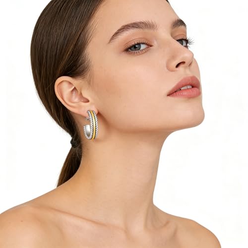 Clip on Earrings for Women Silver and Gold Plated Twisted Rope Hoops Non Pierced C Hoop Earring Lightweight Two Tone Clips Mixed Metal Jewelry Gifts - color: Twisted Hoop-silver&gold