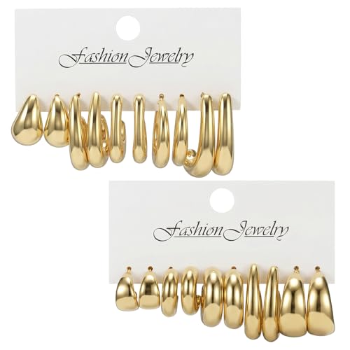 10 Pairs Chunky Gold Earrings for Women, Gold Hoop Earrings for Women | Chunky, Lightweight Thick Hoops Earring, Trendy Jewelry Gift