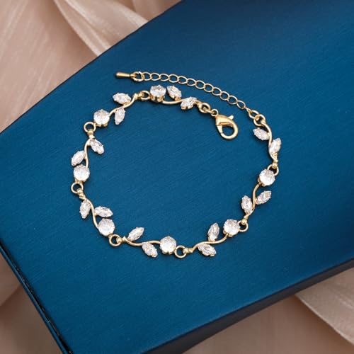 Elegant Bridal Jewelry Sets for Wedding Bride Leaf Shape Cubic Zirconia Necklace Earrings Bracelet Set Prom Costume Accessories - color: 3Pcs-Gold-Cubic Zriconia